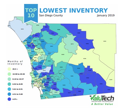 Which are the lowest inventory zip codes in San Diego? 